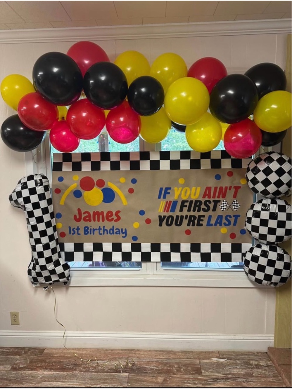 Racing “James” 1st Birthday Banner with Red, Yellow & Black